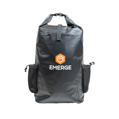 Black 50L Heavy Duty Dry Bag with adjustable shoulder and waist straps by Emerge Survival