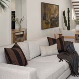 Light gray sofa with two large brown and black striped pillows and a smaller beige patterned pillow, accompanied by a dark brown throw blanket on the right side.