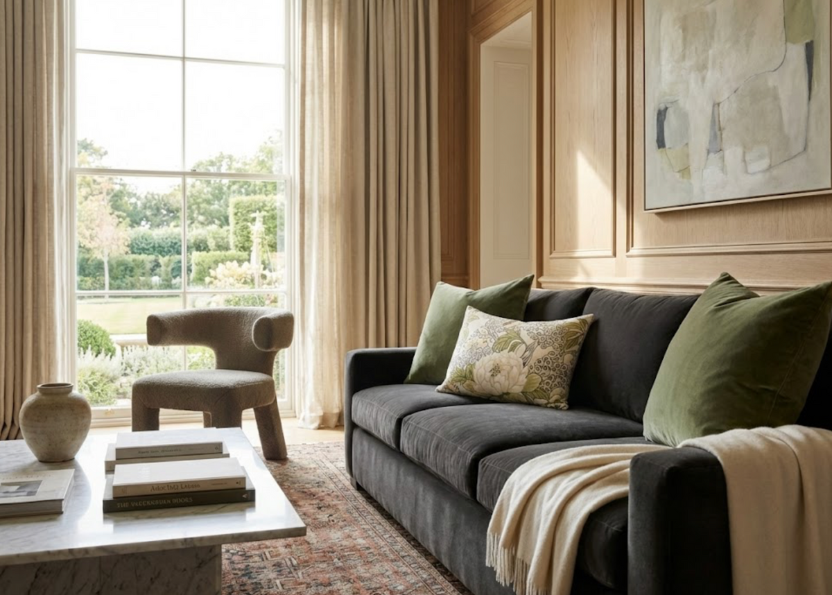 Dark gray sofa with green and patterned pillows, beige throw draped over arm, beside large window with floor-length curtains and a curved beige armchair.