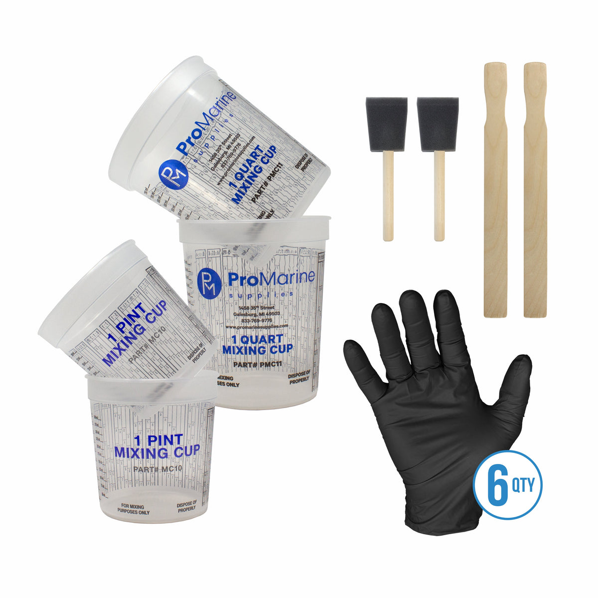 Half Gallon Mixing Set components including mixing cups, gloves, stir sticks, and foam brushes arranged on a surface