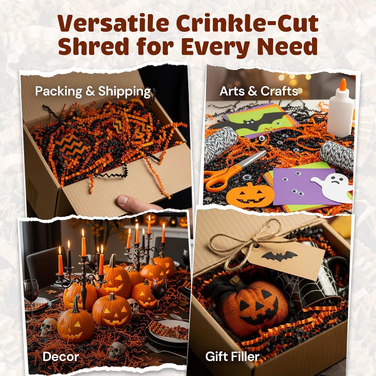Bright orange and black shredded Halloween crinkle paper in bulk pile