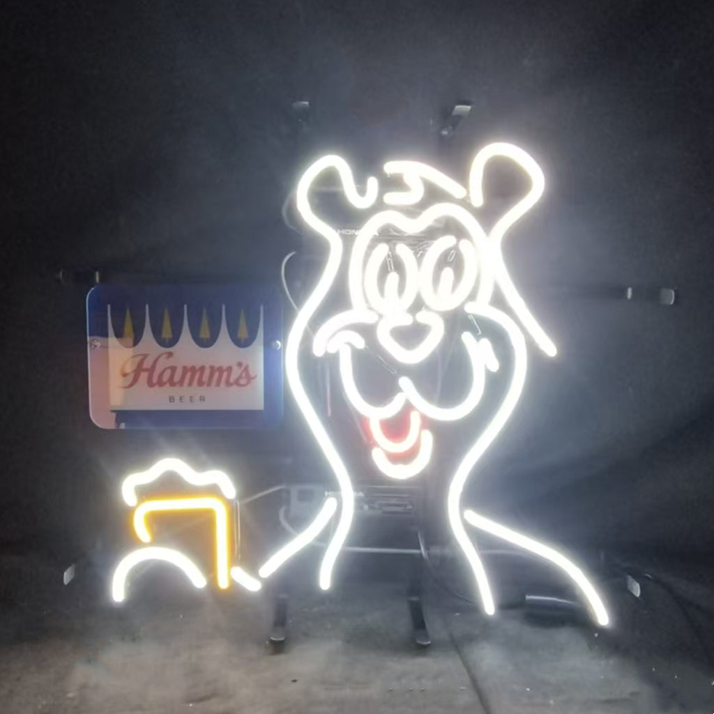 Hamm's Beer Bear Neon Light Sign illuminated, showing the bear and Hamm's logo in bright neon colors