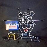 Neon light sign shaped like a cartoon bear holding a beer mug, outlined in white and yellow with a red mouth, featuring a blue Hamm's Beer logo on the left.
