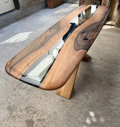 Handmade solid walnut console table with epoxy resin and live edge design
