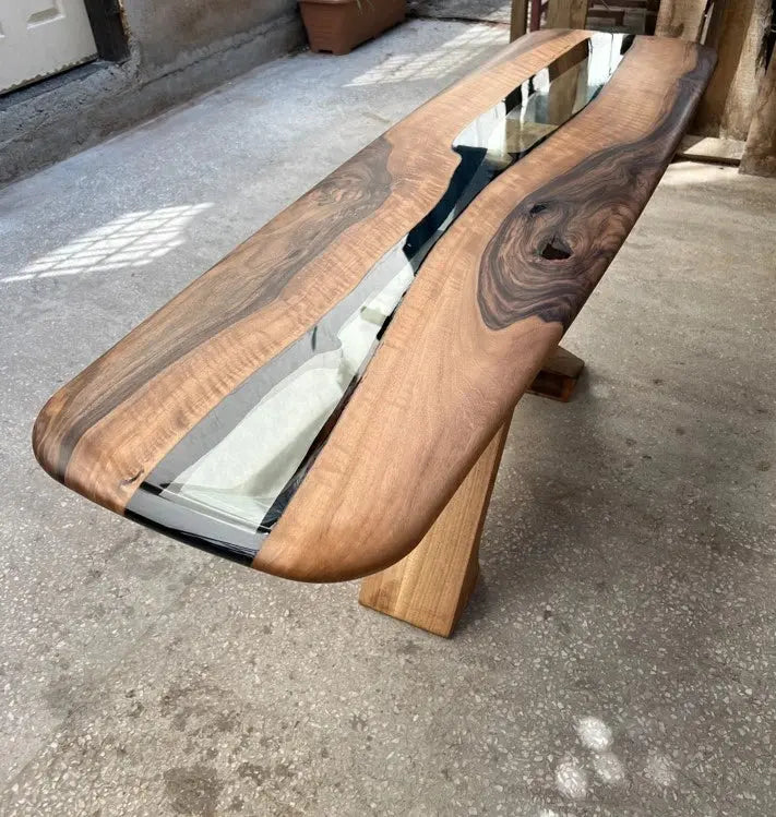 Handmade solid walnut console table with epoxy resin and live edge design