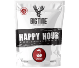 White resealable bag of Big Tine Happy Hour Cherry mineral starter and attractant, featuring a black horizontal stripe and a red cherry icon below the logo.
