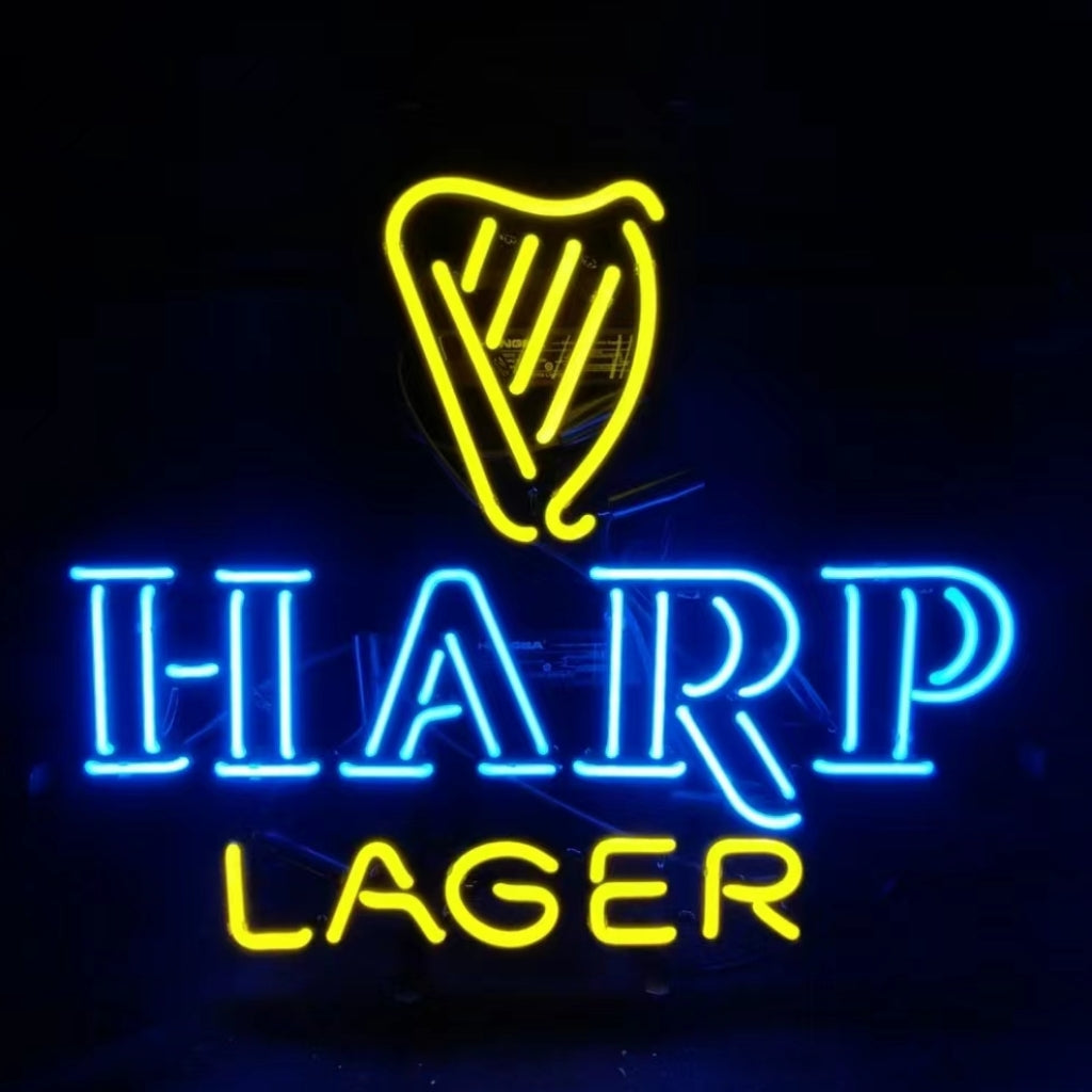 Neon sign with a yellow harp symbol above blue 'HARP' text and yellow 'LAGER' text on a black background.