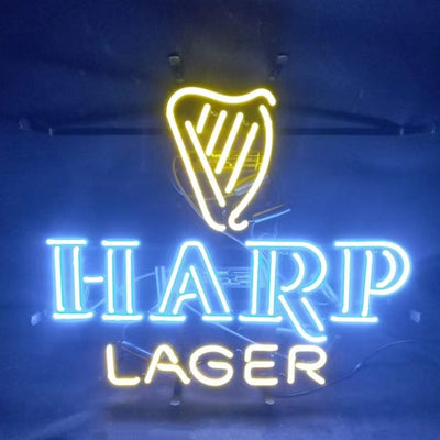 Harp Lager Beer Neon Sign glowing indoors with metal grid backing and a hanging chain