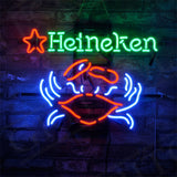 Heineken Beer Crab Neon Sign light mounted showing bright red, green, and white neon tubes