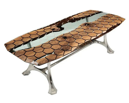 Hexagon Resin Dining Table made of walnut wood and epoxy resin with aluminum legs