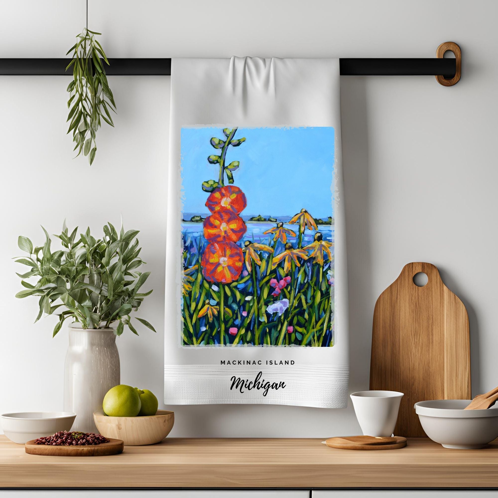 Dish Towel - "Hollyhocks- Mackinac Island Kitchen Towel" by Dreese Fine Art - Resin Society