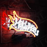 Neon sign spelling 'Hot Wheels' in white script with an orange flame outline, mounted on a dark brick wall and hanging by a chain.
