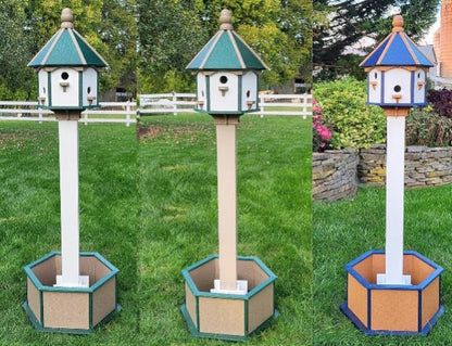Extra large Amish-made poly birdhouse with six nesting compartments in navy blue with cedar trim