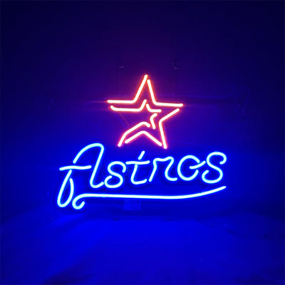 Houston Astros Sport Logo Neon Sign glowing indoors against a dark background