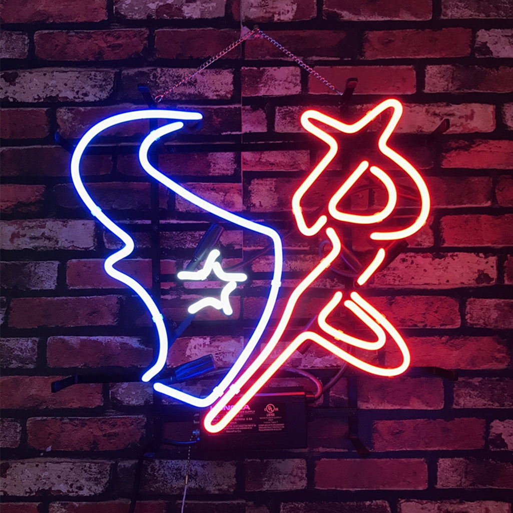 Houston Texans Neon Sign Light with red and blue neon tubes mounted on metal grid backing