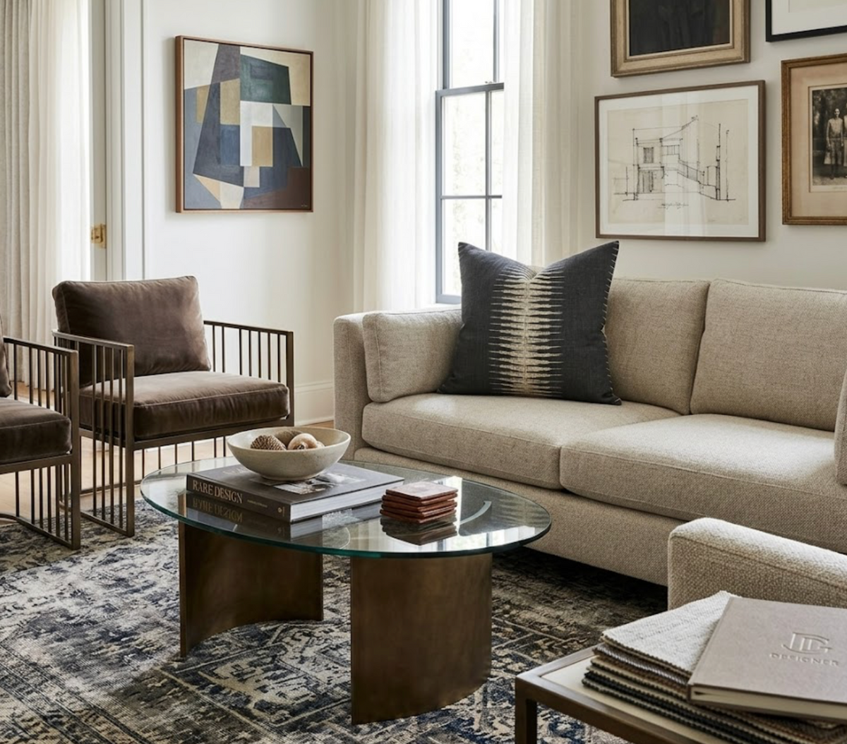 Living room with charcoal ikat patterned pillow on beige sofa, flanked by brown velvet chairs and a glass coffee table with curved bronze base on a patterned rug.