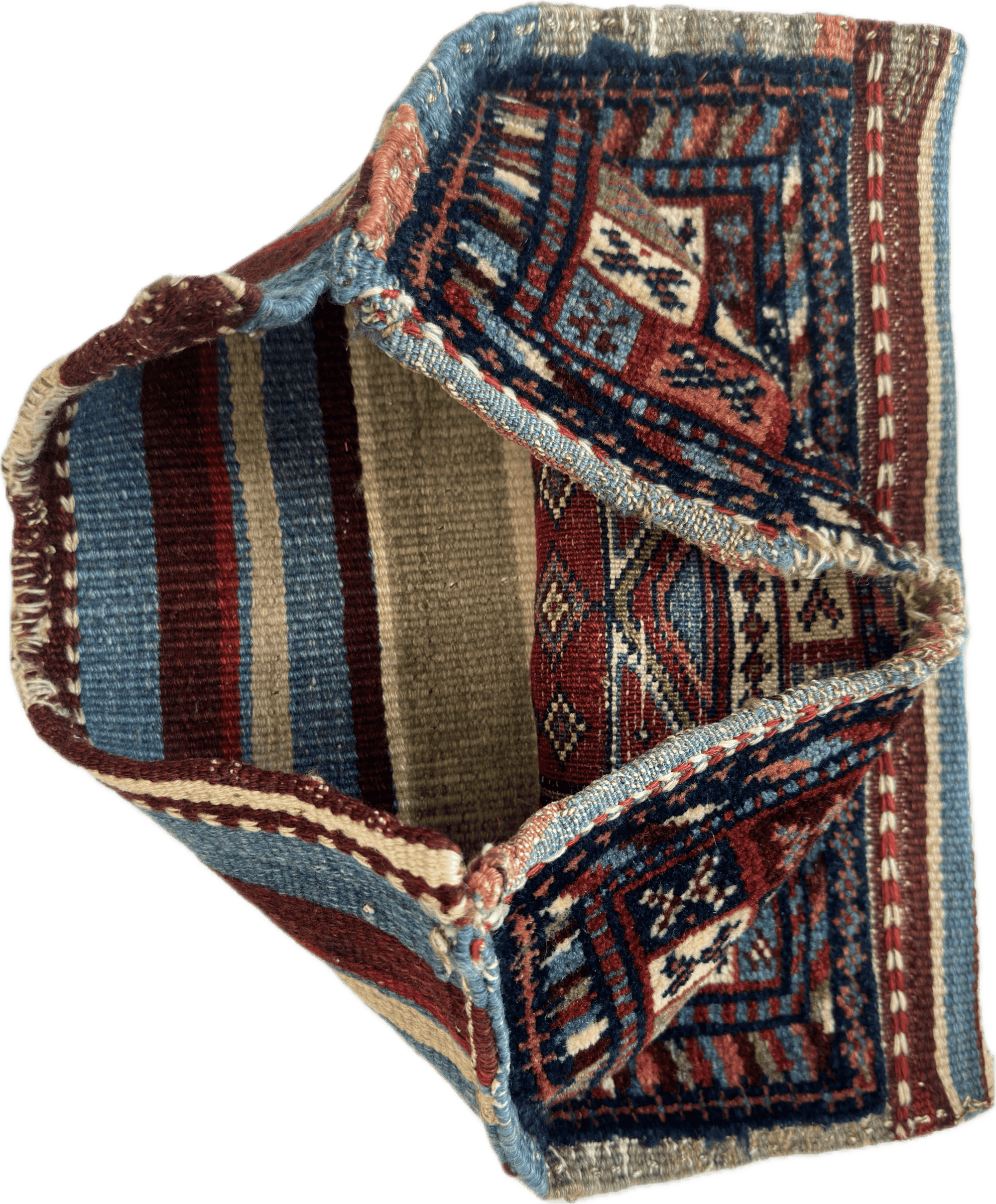 Antique Tribal Bagface rug, 26 by 18 inches, showing detailed hand-knotted natural wool pile with tribal pattern