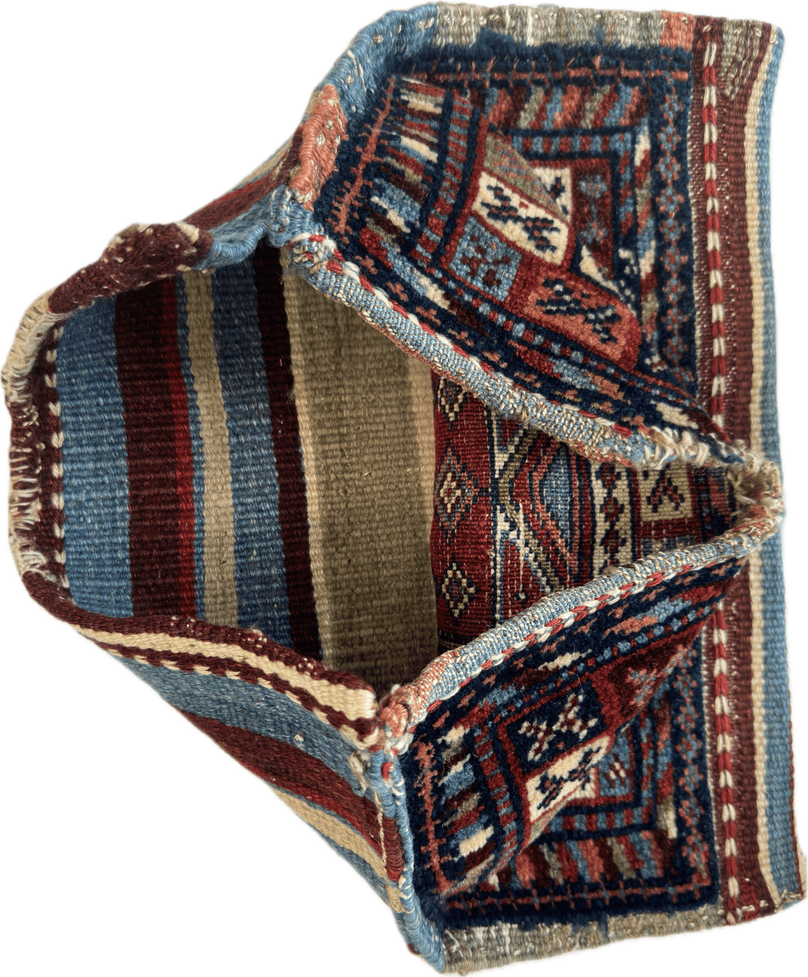 Antique Tribal Bagface rug, 26 by 18 inches, showing detailed hand-knotted natural wool pile with tribal pattern