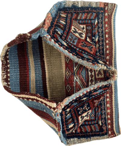 Antique Tribal Bagface rug, 26 by 18 inches, showing detailed hand-knotted natural wool pile with tribal pattern