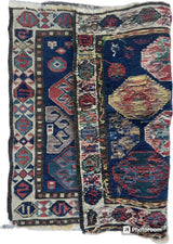 Two overlapping antique Shahsavan Caucasian bagfaces with geometric patterns in deep blue, red, beige, and white, featuring intricate borders and traditional motifs.