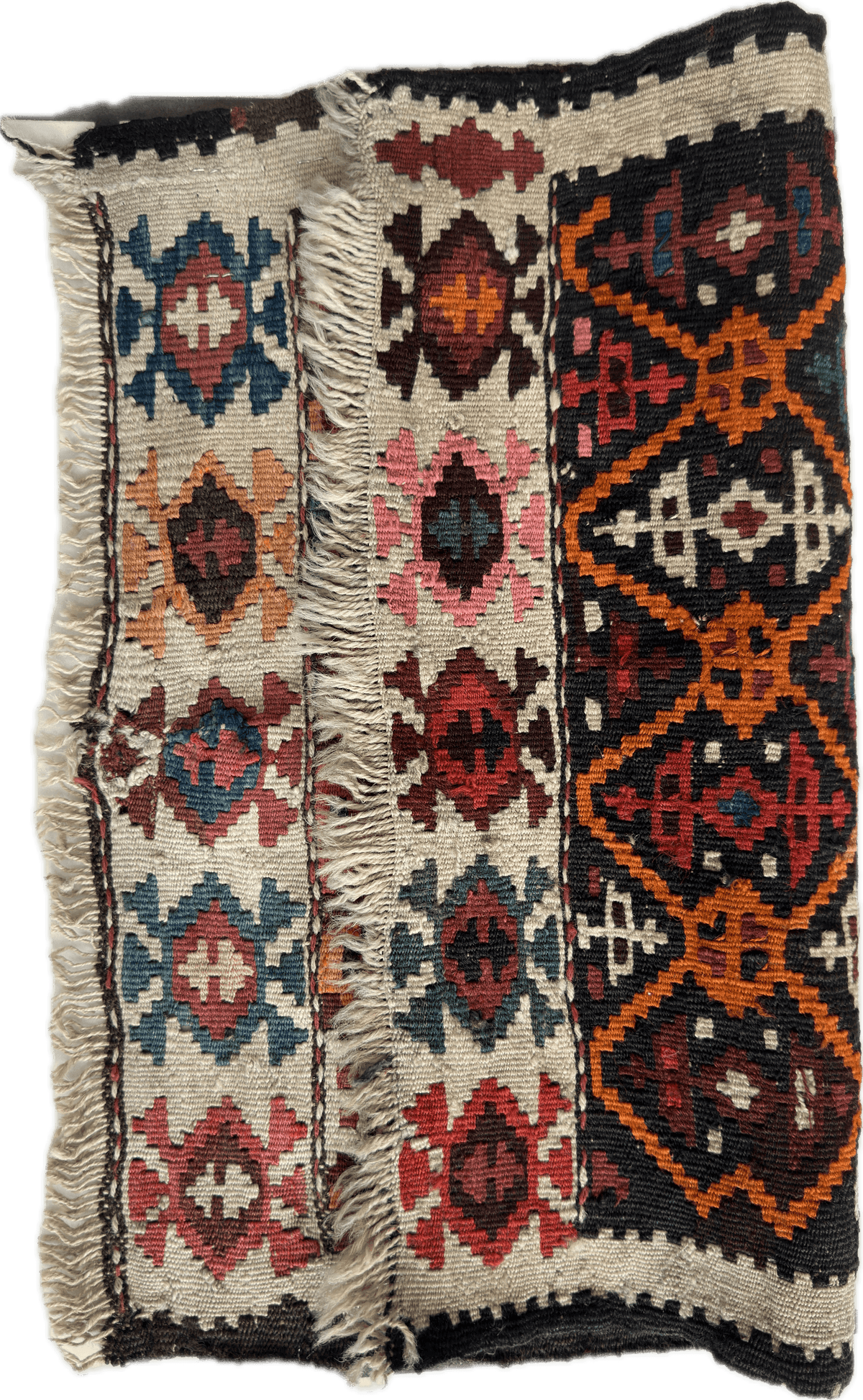 Antique Shahsavan Caucasian bagface with geometric patterns in red, blue, orange, and cream bands separated by fringe, showing worn texture and tribal design.