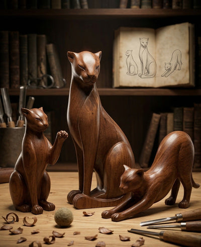 Handcrafted wooden wild cat figure in natural wood finish