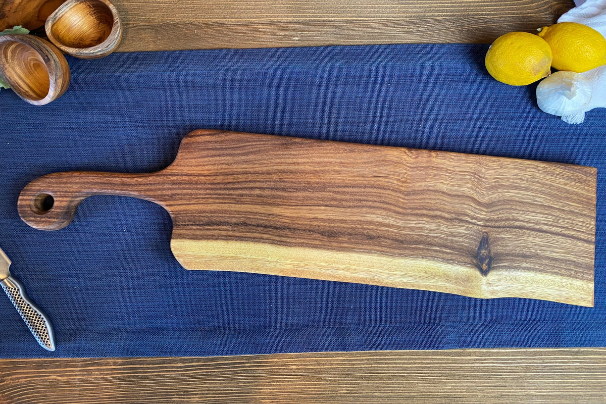 Long Live Edge Handled Bread Board showing live edge and handle