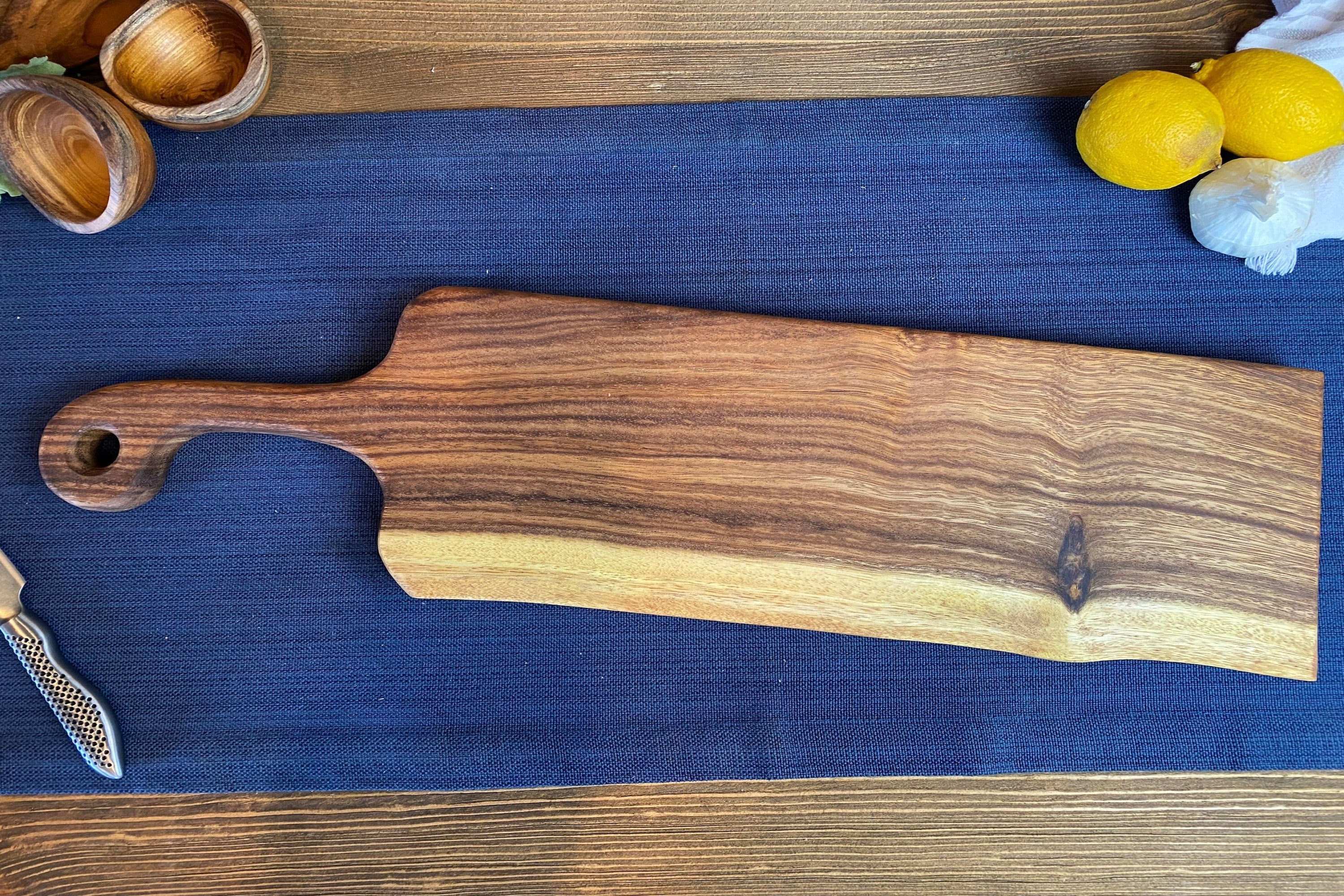 Long Live Edge Handled Bread Board showing live edge and handle