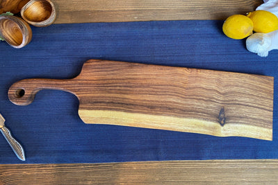 Long Live Edge Handled Bread Board showing live edge and handle