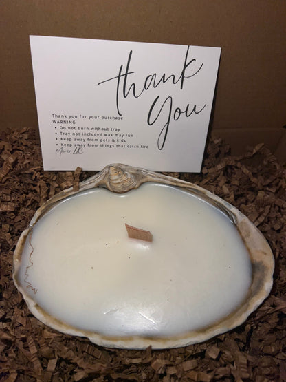 Limited edition candle in a dark, weathered quahog shell from December 2025 storm