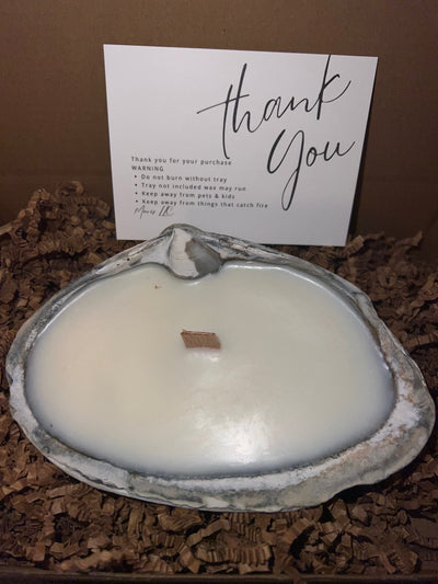 Limited edition candle in a dark, weathered quahog shell from December 2025 storm