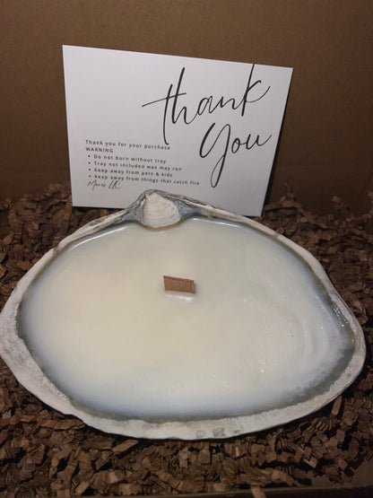 Limited edition candle in a dark, weathered quahog shell from December 2025 storm