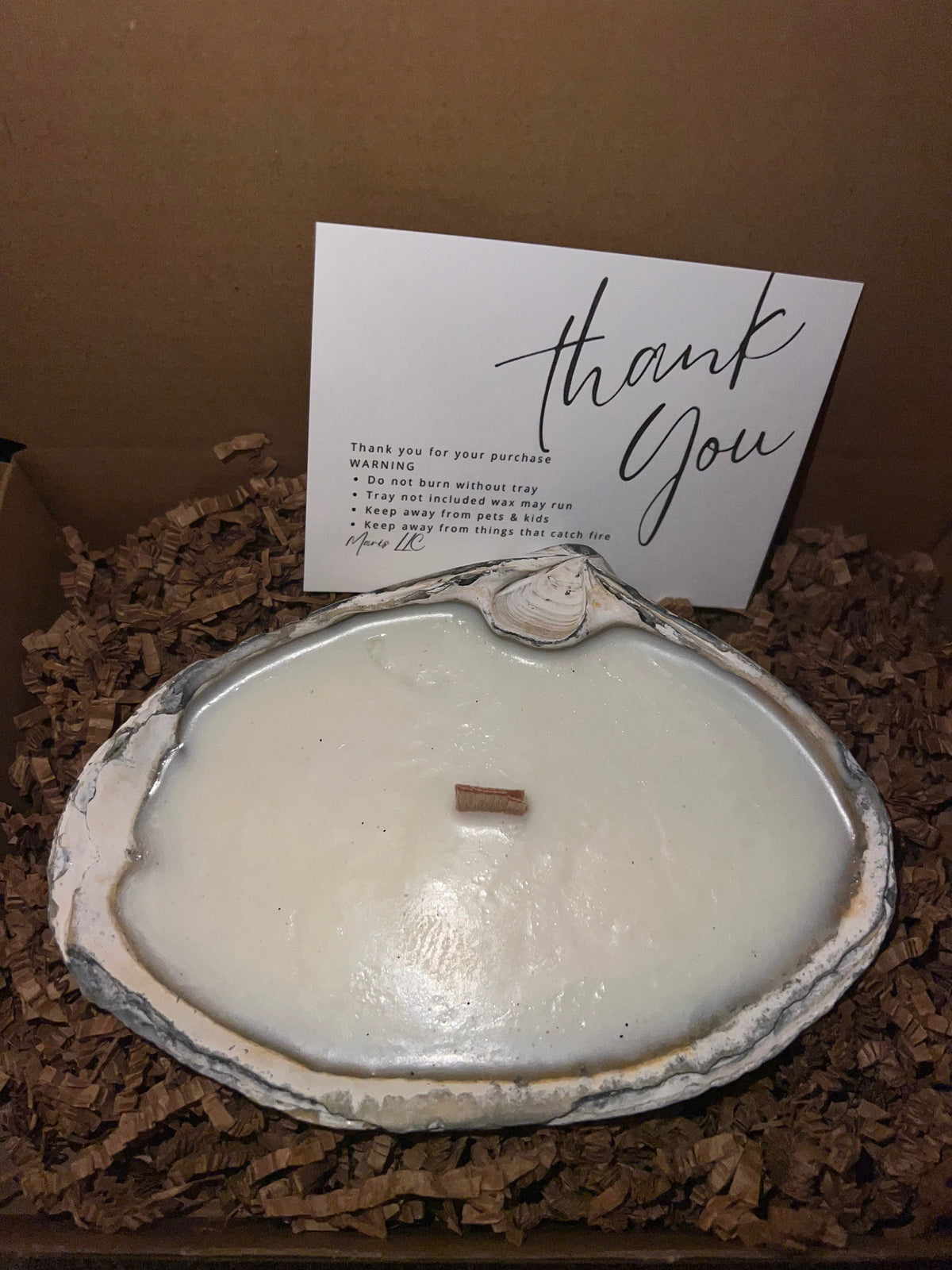 Limited edition candle in a dark, weathered quahog shell from December 2025 storm
