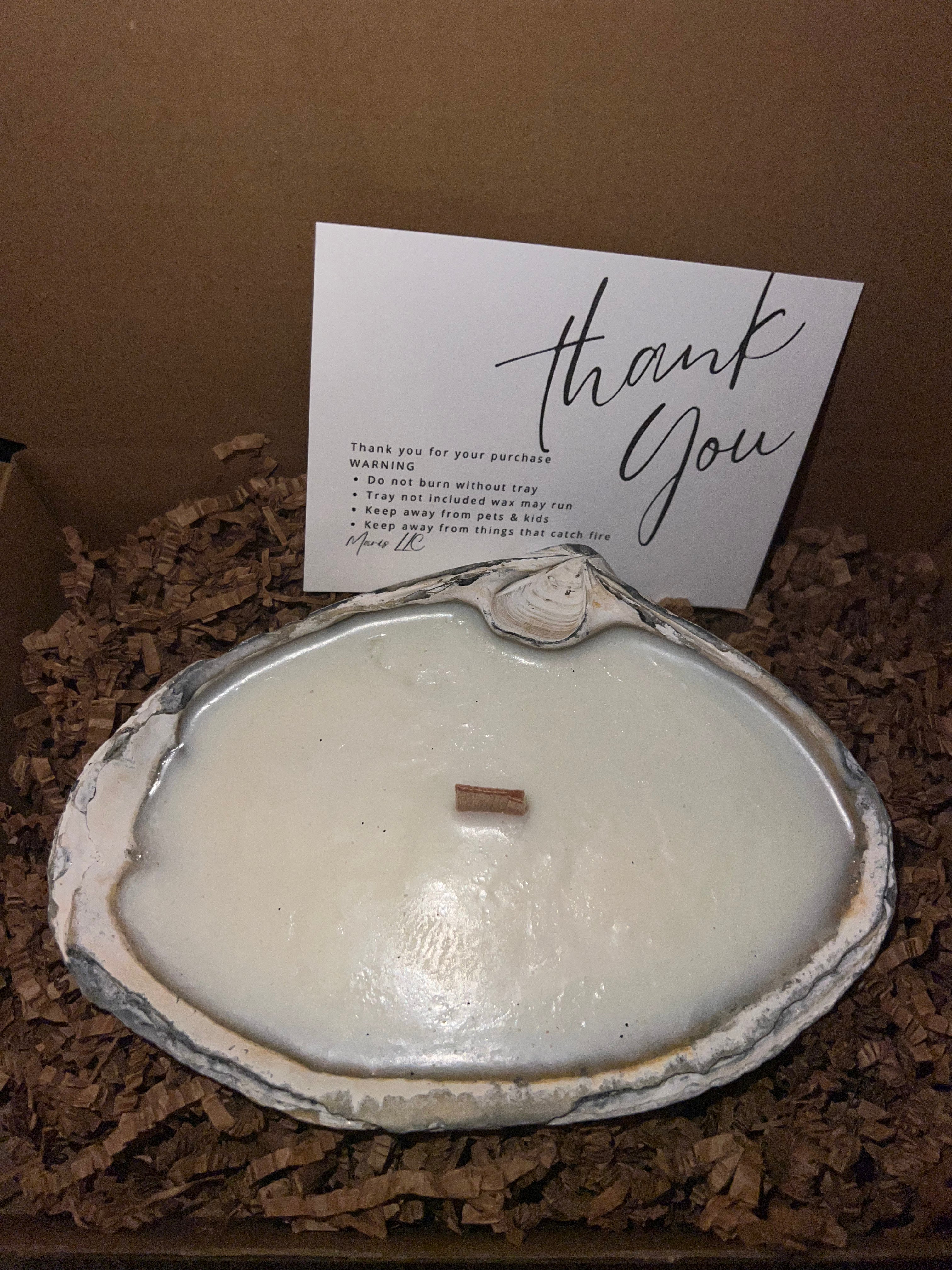 Limited edition candle in a dark, weathered quahog shell from December 2025 storm