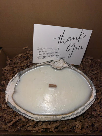Limited edition candle in a dark, weathered quahog shell from December 2025 storm