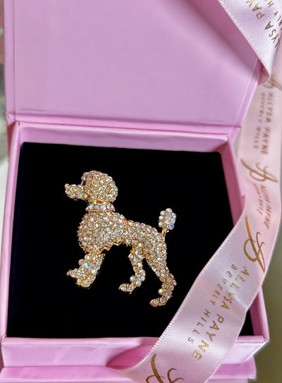 For the Love of Poodles Crystal Brooch featuring hand-set crystals on gleaming gold finish shaped as a poodle
