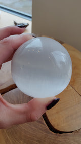 Hand holding a smooth, translucent white sphere with subtle striations, resting above a round wooden surface with natural grain patterns.