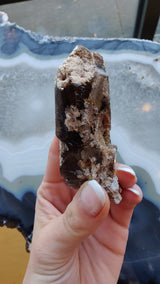 Hand holding a dark smoky quartz point with white lodalite crystal inclusions against a background of a large blue and white banded agate slice.