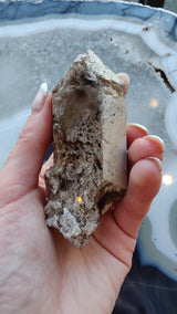 Hand holding a rough, translucent smokey quartz crystal with lodalite inclusions, displaying a pointed shape and textured base against a blue and white agate slab background.