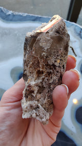 Hand holding a smokey quartz point with lodalite inclusions, featuring a rough, textured surface and translucent smoky brown coloration.