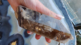 Hand holding a polished smoky quartz point with visible lodolite inclusions inside its translucent brown crystal surface against a blue and white patterned background.