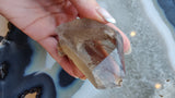 Hand holding a translucent smoky quartz crystal with visible internal lodalite inclusions, set against a blurred background with varying gray and black tones.