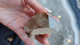 Hand holding a polished smoky quartz crystal with lodolite inclusions, showing a translucent brown-gray color and natural facet edges against a textured background.