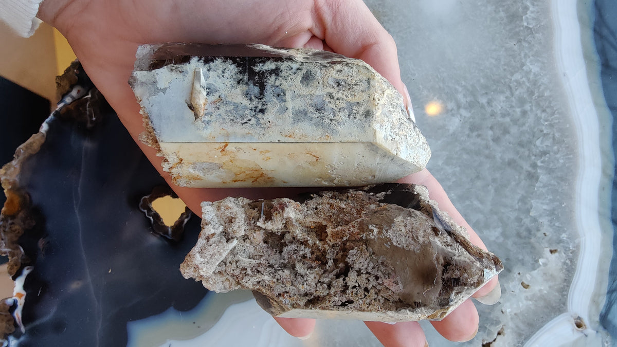 Hand holding two pointed quartz crystals, one with dark lodolite inclusions and the other with a rough, earthy texture, over a gray agate surface.