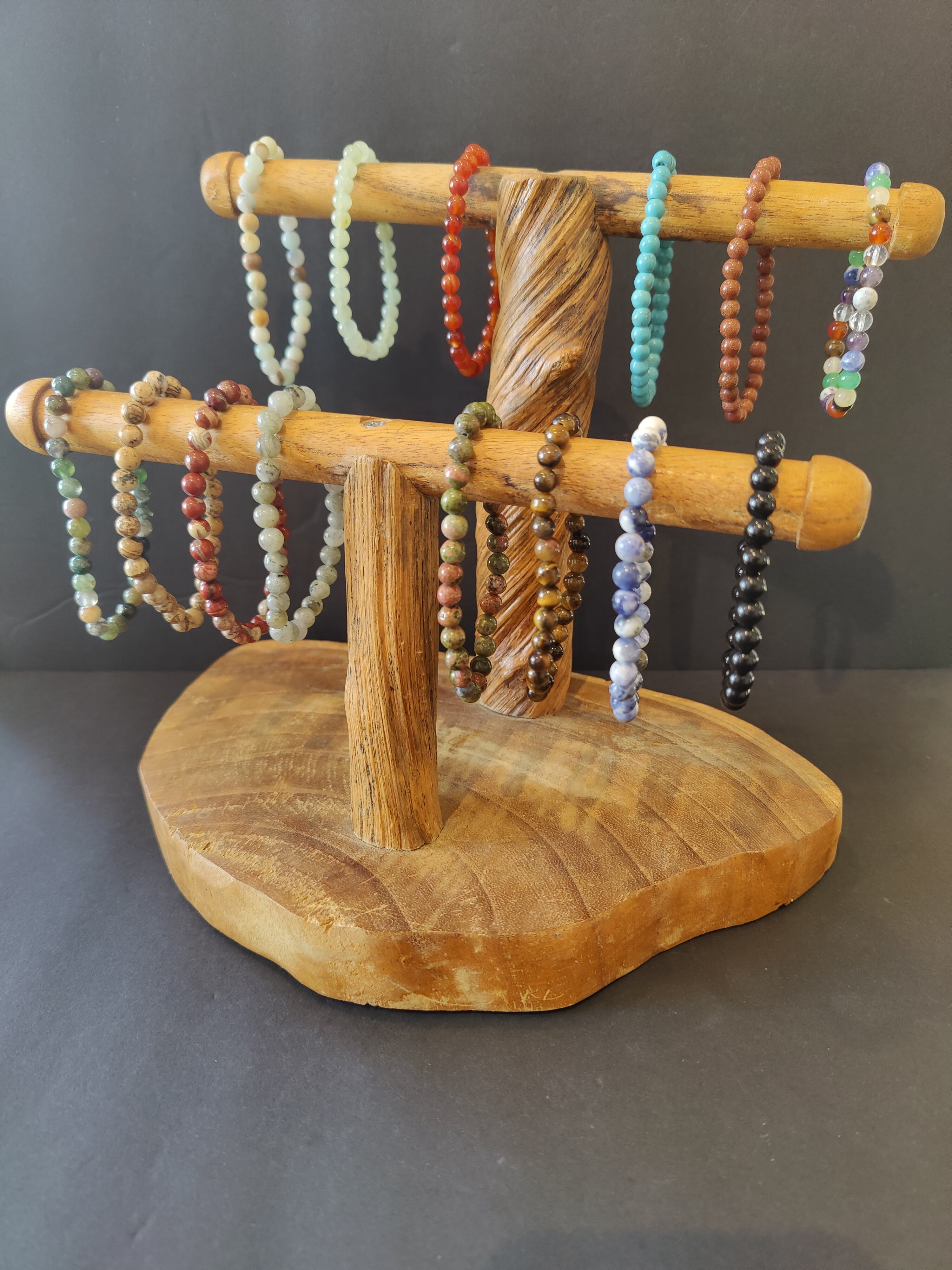 Close-up of a Beaded Stone Bracelet with 6mm assorted round beads in natural colors