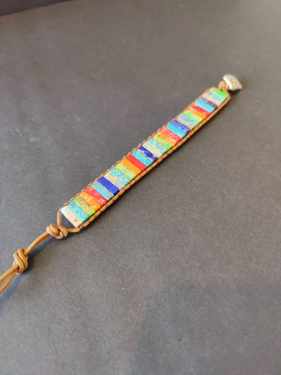 Close-up of Chakra 7 Colors Stone Beaded Bracelet with rectangular colored beads