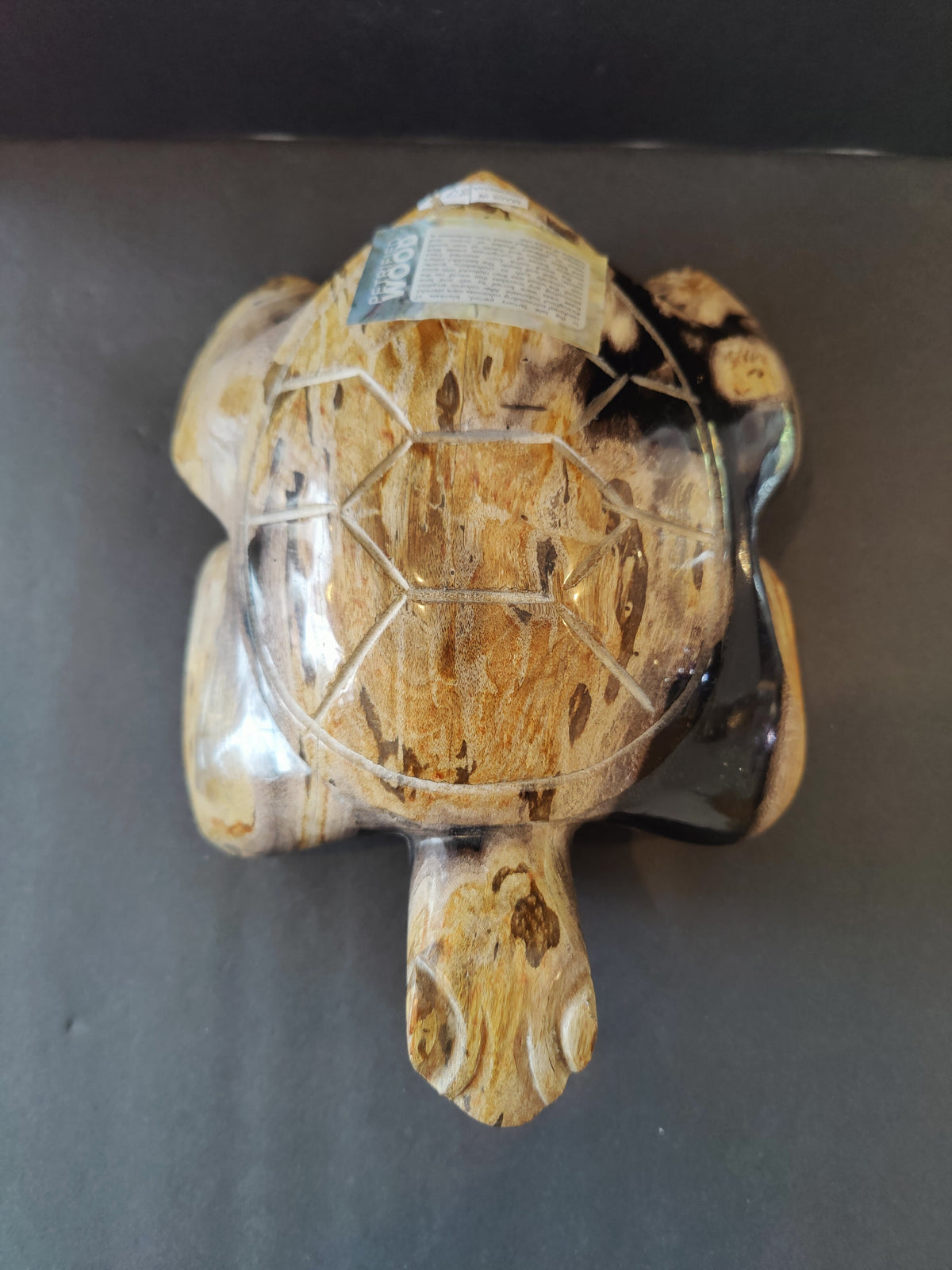 Small turtle sculpture carved from petrified wood showing natural wood grain with light and dark brown patches, and engraved shell pattern on top.