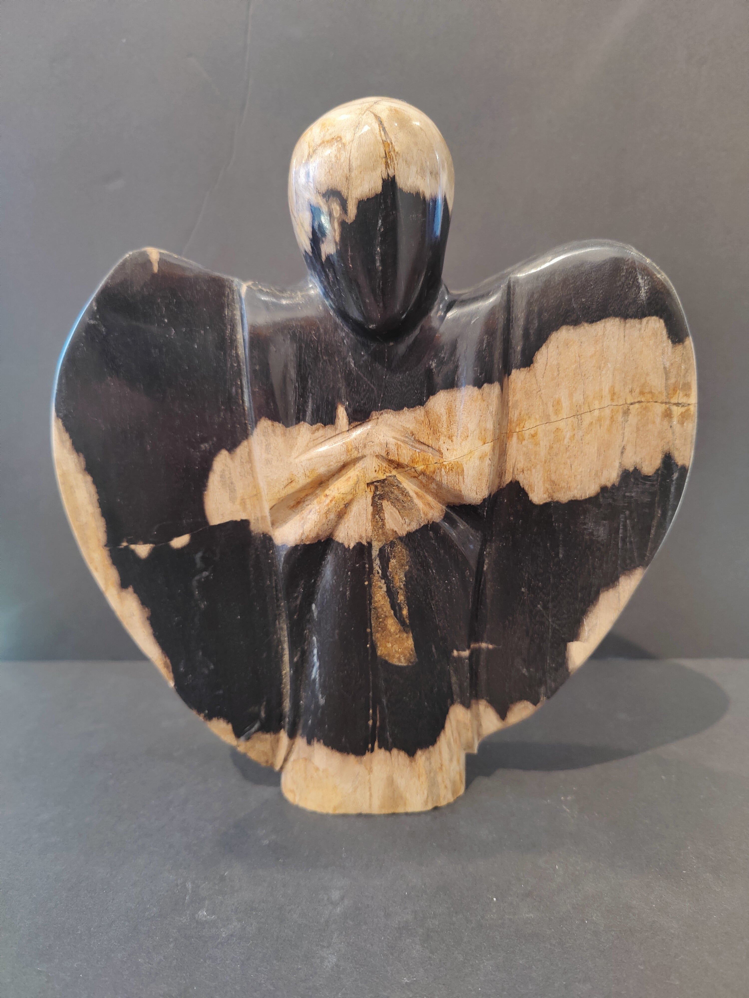 Petrified Wood Angel sculpture with detailed texture and natural coloration
