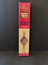 Tall rectangular box of Mystic Spirits Aromas White Sage and Wild Rose smudge incense in red and tan with tribal patterns and a small window showing incense sticks.