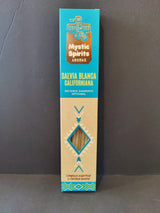 Tall rectangular box of Mystic Spirits Aromas White Sage Californian artisan incense with turquoise, beige, and brown geometric design and cut-out diamond window showing incense sticks inside.
